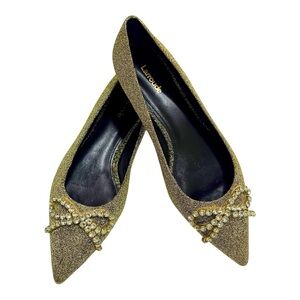 Larroude Gold Lee Flats Crystal Lurex Bow Embellished Toe Women’s 8.5